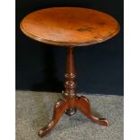 A 19th century occasional table, circular top, turned column, tripod feet, 70cm high, 52cm diameter