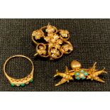 A turquoise and seed pearl ring; a Victorian flowerhead brooch; etc (3)