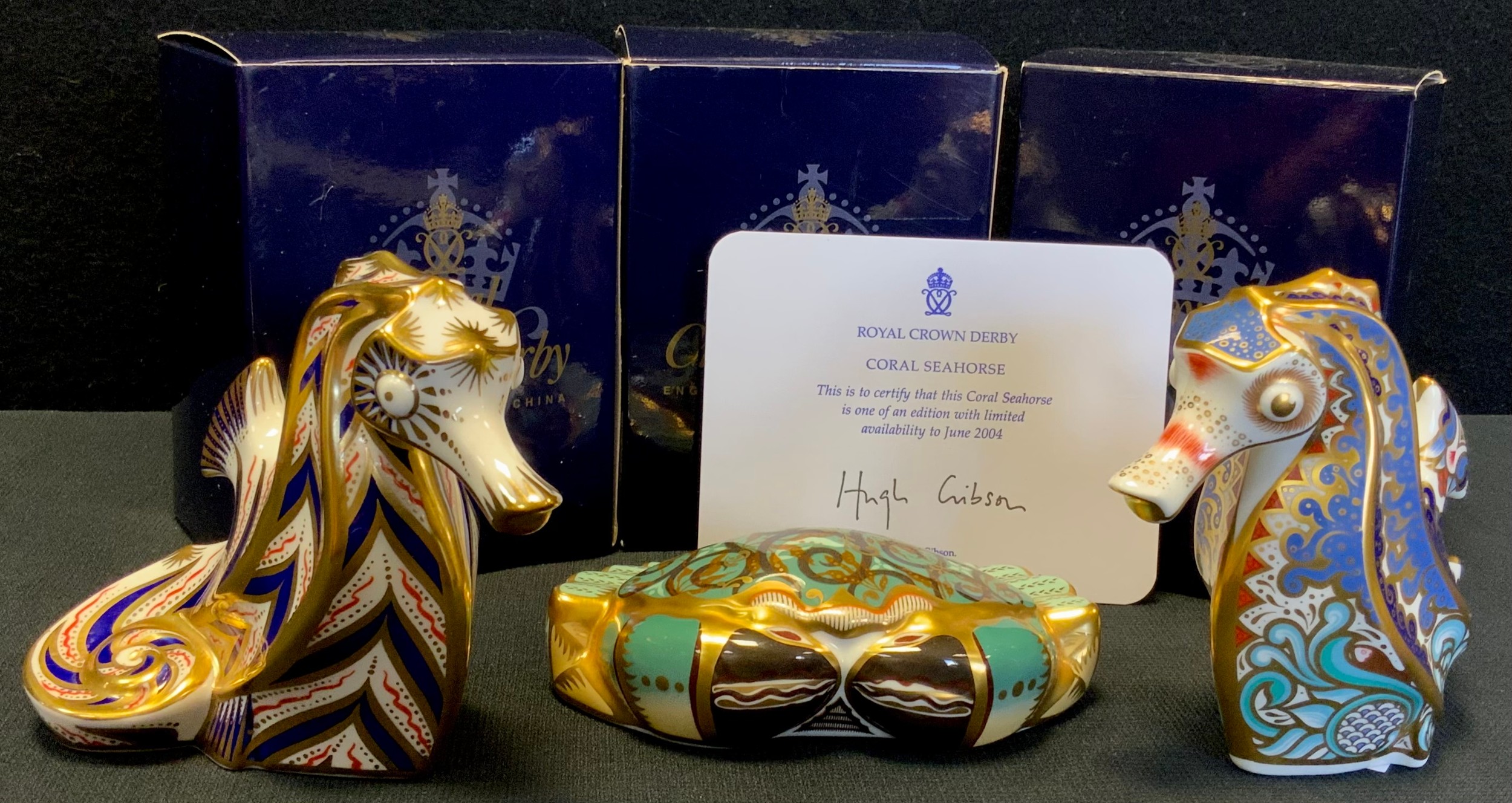 A Royal Crown Derby Paperweight, Coral Seahorse, gold stopper, certificate; others Cromer Crab ,