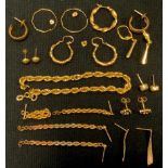 A pair of 9ct gold rope twist earrings; others, studs, hoops etc; 9ct gold bracelet, assorted marks,