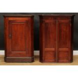 A 19th century mahogany splay front corner cabinet, moulded cornice above a pair of panel doors,