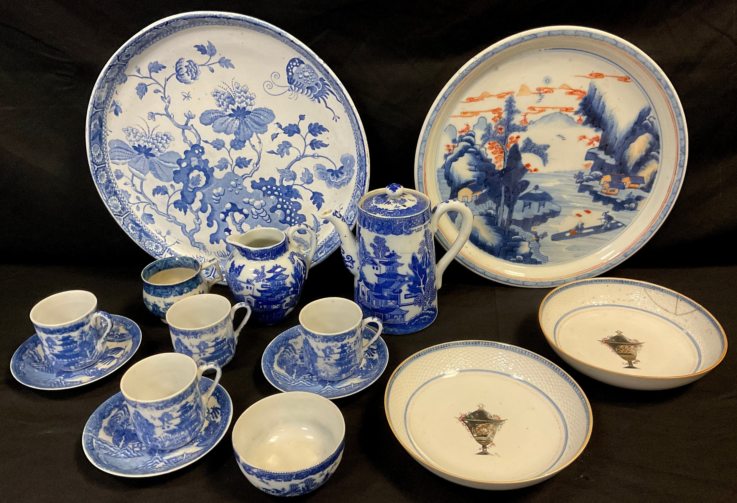 A quantity of Chinese blue and white including plates, cups and saucers; hot water pot; milk jug etc