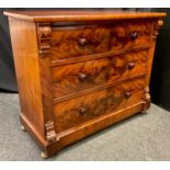 A Victorian Flame-mahogany chest of drawers, over-sailing rounded rectangular top, three long