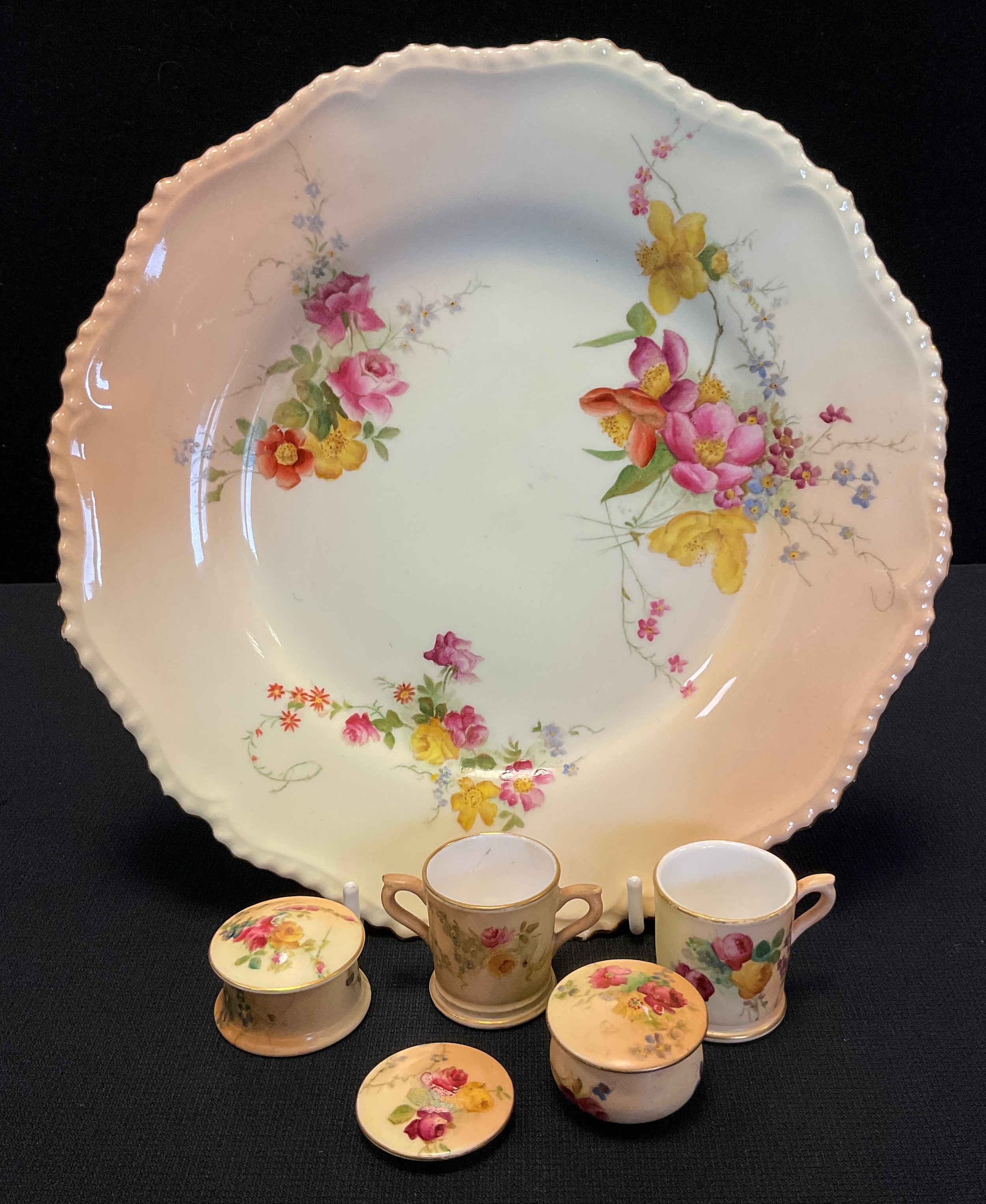 Royal Worcester blush ivory lobed plate; pair of miniature loving cups; pill boxes; etc