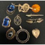 Jewellery - six silver mounted pendants inc marcasite and paste sapphire; cabochon cut, heart etc;