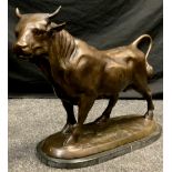 After Isidore Jules Bonheur, a dark patinated bronzed model of a prize fighting bull, oval marble