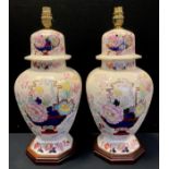 A pair of Masons ironstone Brocade pattern table lamps, each of octagonal urnular form, wooden