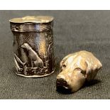 A 19th century Dutch silver spice box c.1880; a silver hounds head toggle (2)