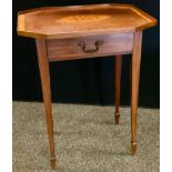 An Edwardian Sheraton revival canted rectangular side table, marquetry central shell patera,