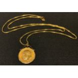 A George V sovereign pendant necklace, 9ct gold mount, 16g gross