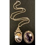 A blue john flourite pendant necklace, silver mount, snake chain, similar oval brooch (2)