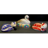 A Royal Crown Derby Paperweight White Swan, gold stopper, boxed, others Red Fox, gold stopper,