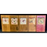 A rustic Designate oak and fabric wall clock,, plank body, others similar (5)