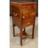 A George III mahogany night cupboard, brass swan-neck handles to sides, square beaded legs, brass