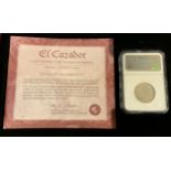 A Genuine Shipwreck Coin, El Cazador 2 Reales Silver Coin, minted between 1772-1783, plastic case