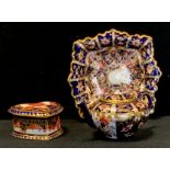 A Royal Crown Derby 2451 pattern miniature globular Teapot and stand; 2649 heart trinket dish and