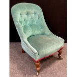 A Victorian walnut slipper / nursing chair, button-back, fully upholstered back and seat, turned