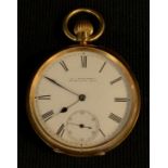 A late Victorian 18ct gold open face pocket watch, J Wilkinson, Bridlington Key, white enamel