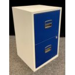 A two drawer metal filing cabinet, light grey anodised finish, with blue drawers, 67cm high x 41cm