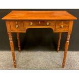 A George IV style reproduction mahogany hall table, over-sailing top, one short, and two small, deep