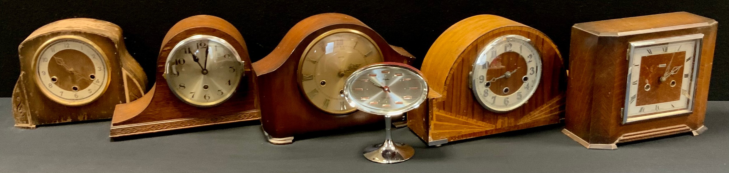 A 20th century walnut mantel clock, others oak, mahogany; a rhythm alarm clock (6)