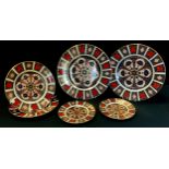 Royal Crown Derby - three pairs of 1128 Imari graduated plates, 27cm, 22cm and 15.7cm diameters, all