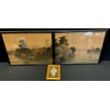 A pair of Japanese painted and wovern tapestry panel pictures, Traditional River Landscapes, 31cm