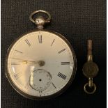 A silver open face pocket watch, white enamel dial, roman numerals, subsidiary dial, vacant