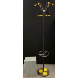 A 1960’s retro hall coat stand, black ‘anodised’ metal stand, with yellow fixings, stick /