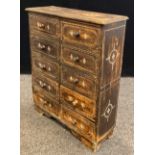 A stained pine collector’s chest / cabinet, over-sailing top, ten small drawers, mother-of-pearl