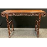 A late 19th / early 20th century Chinese carved padauk wood Altar table, the frieze carved as