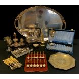 Silverplate - a large oval tray, pierced gallery, hot water jug, flatware etc; Indian inlaid brass
