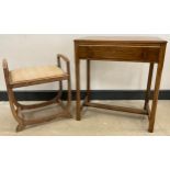 A mid 20th century style oak hall table / small writing table, 71cm high x 65cm wide x 41cm; and