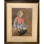 English school, mid 20th century, 'Young girl and her kitten', oil on board, 34cm x 25cm.