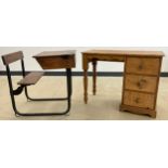 A mid century pine and tubular steel school desk and seat, lift up lid to desk, fold-away seat, 77cm