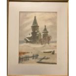Russian School, Church in the Snow, indistinctly signed, watercolour, 38.5cm x 28.5cm.
