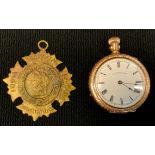 A Waltham American Watch Company gold plated fob watch, enamel dial with Roman numerals, the case