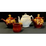 David Cleverley - a red ware mouse topped tea pot, hot water pot and cup, impressed marks; a 19th