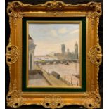 Anton Matthews (1925-2008), Westminster from the Thames, attribution to verso, oil on board, 30cm