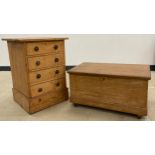 A Victorian pine tool chest / coffer, brass campaign handles to sides, casters, 42cm high x 82cm
