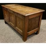 A George III reproduction oak three panel blanket chest / coffer, 58cm high x 107cm wide x 50.5cm,
