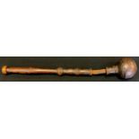 A 19th century turned wood and leather life preserver, turned handle, ball tip, leather