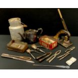 Boxes and Objects - including a Victorian William and Skidmore cast iron stamp press. a silver plate