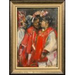 S. Renz, (20th century), ‘Carnival’, young girls in carnival dress, signed, oil on board, 30.5cm x