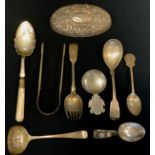 Silver - a silver mother of pearl sugar tongs; straining spoon; baby feeding spoon etc others plated