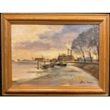 John Laurence, The Thames at Chelsea, signed, oil on board, 25cm x 35cm.