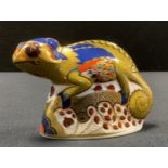 A Royal Crown Derby Paperweight, Chameleon, gold stopper.