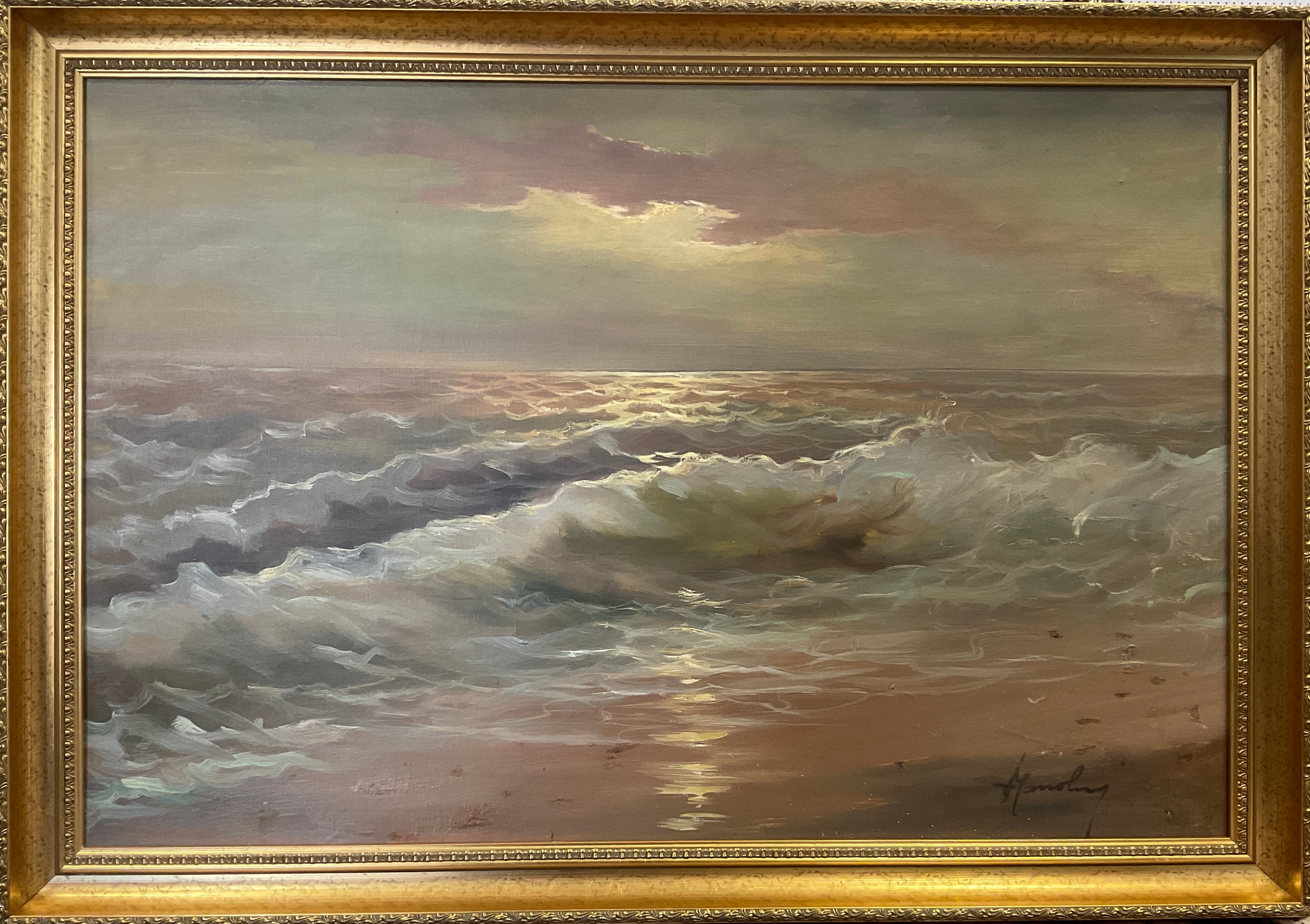 Impressionist school, 20th century, Breaking waves, and setting sun, indistinctly signed, oil on