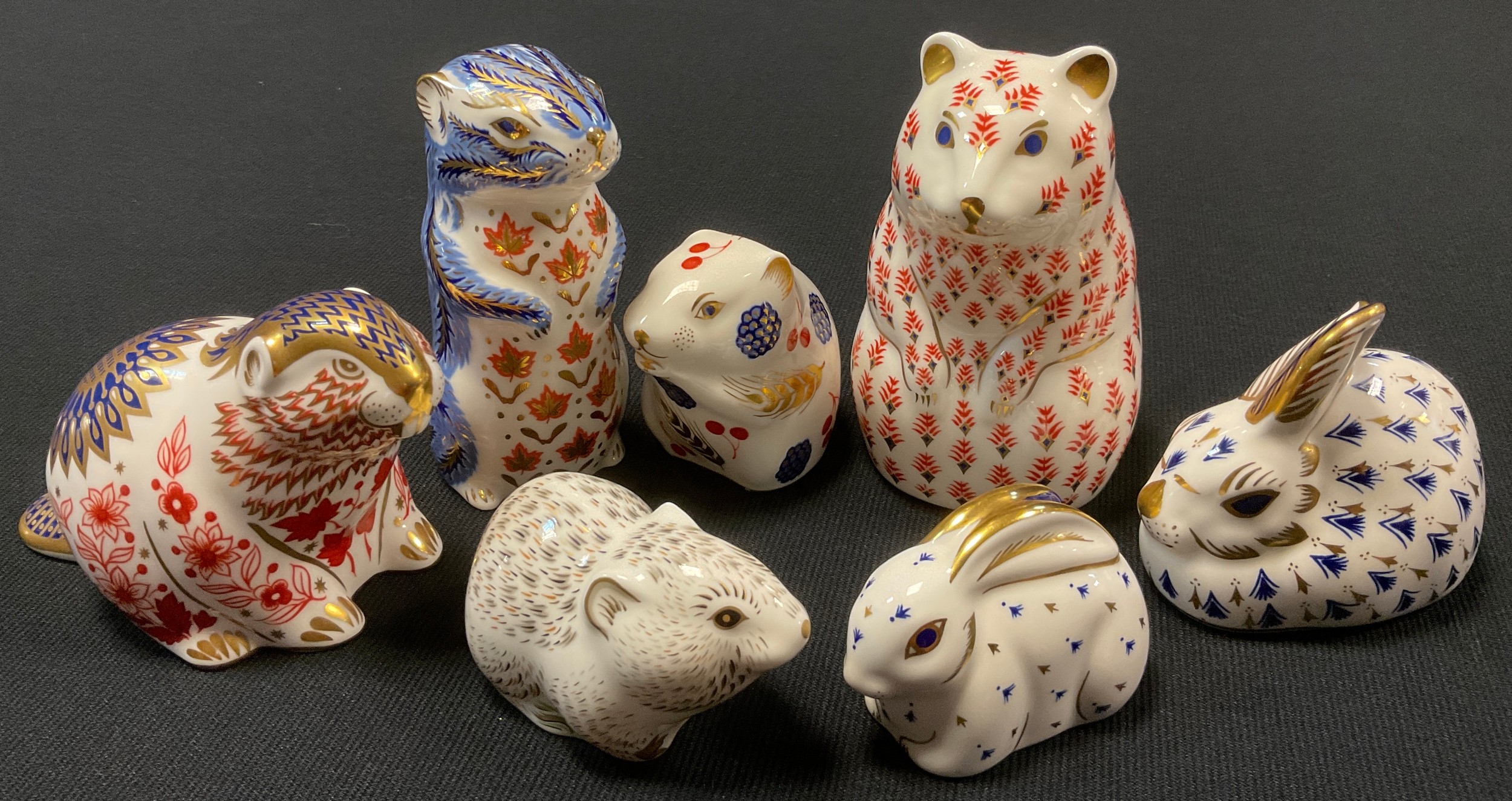 Royal Crown Derby Paperweights - Hamster, gold stopper; Riverbank Vole, gold stopper; Beaver;