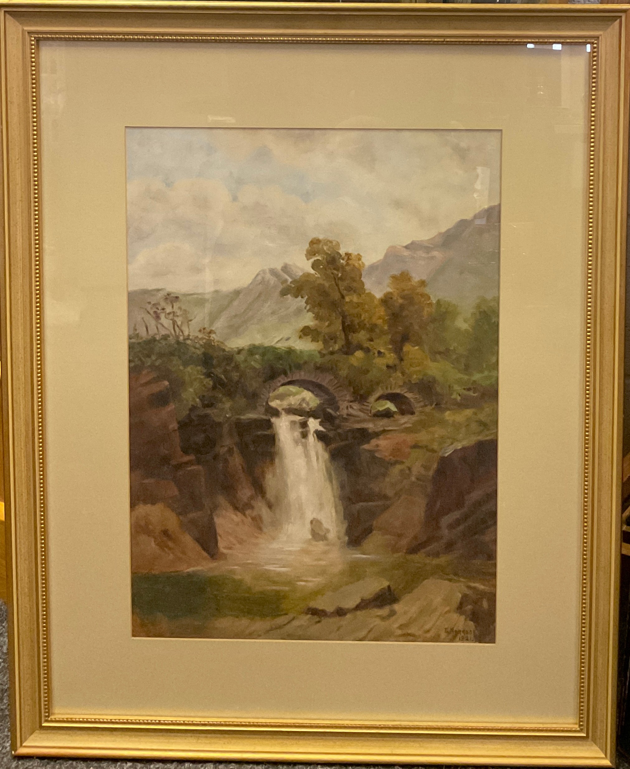 E. Norrobin Falls near Capel Curig, North Wales signed, dated 1921, oil on board, 51cm x 36cm. - Image 2 of 3
